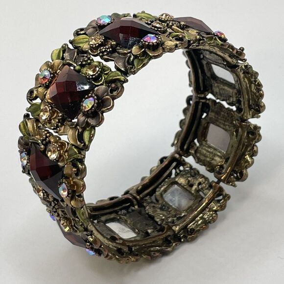 Vintage Gold Tone Metal AB Brown Acrylic Rhinestone Statement Stretch Bracelet - Picture 3 of 6